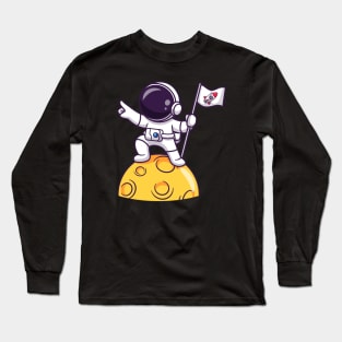 Cute Astronaut Holding Flag On Moon Cartoon Long Sleeve T-Shirt